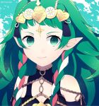  1girl braid closed_mouth crml_orng fire_emblem fire_emblem:_fuukasetsugetsu green_eyes green_hair highres long_hair mamkute multicolored_hair nintendo pointy_ears portrait smile solo sothis tiara twin_braids twitter_username 