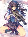  acog assault_rifle blue_eyes brown_hair daito fingerless_gloves fn_scar glasses gloves gun headset long_hair original red-framed_eyewear rifle school_uniform skirt sleeves_rolled_up solo spread_legs squatting sweater_vest trigger_discipline weapon 