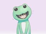  animal_costume black_hair brown_eyes costume frog frog_costume girls_und_panzer looking_at_viewer messy_hair oniyan reizei_mako short_hair simple_background sleepy solo standing triangle_mouth white_background 