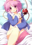  bandaid bandaids_on_nipples bottomless eyes flat_chest highres komeiji_satori nanpuu no_panties open_clothes open_shirt pasties pillow purple_eyes purple_hair revision shirt short_hair solo touhou 