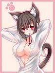  animal_ears arms_up breasts brown_hair cat_ears cat_paws cat_tail cleavage fang hand_behind_head highres large_breasts mouth_hold original outside_border paws rayn red_eyes shirt short_hair smile solo tail unbuttoned white_shirt 