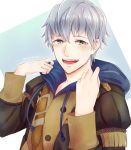  1boy ashe_(fire_emblem) blush fire_emblem fire_emblem:_fuukasetsugetsu freckles green_eyes hood looking_at_viewer male_focus nintendo short_hair simple_background smile solo taiga_kazame uniform white_hair 