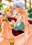  2girls absurdres bikini black_gloves blonde_hair blue_eyes breasts brown_eyes christie christie_(doa) cleavage combat_knife couch dagger dead_or_alive erect_nipples eyelashes frown gloves green_eyes grey_eyes hair_intakes helena_douglas highres huge_breasts knife large_breasts lips long_hair midriff multiple_girls navel red_upholstery satou_shouji scan short_hair sideboob sitting strap_gap sweat swimsuit tankini tecmo thong_bikini underboob weapon weapons wet white_hair 