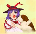  bad_id bad_pixiv_id blue_eyes blush capelet dog hat kurokuro nagae_iku one_eye_closed open_mouth purple_hair shawl short_hair smile solo touhou 