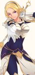  armor bad_id bad_pixiv_id blonde_hair bodysuit bracelet elbow_gloves elune_(artist) gloves hairband highres jewelry league_of_legends long_hair luxanna_crownguard outstretched_hand purple_eyes skirt smile solo staff 
