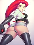  apostle ass big_hair black_gloves black_legwear black_panties blue_eyes blush breasts crop_top cropped_jacket earrings elbow_gloves from_behind from_below gloves hair_slicked_back holding holding_poke_ball impossible_clothes jewelry large_breasts long_hair miniskirt musashi_(pokemon) panties poke_ball poke_ball_(generic) pokemon pokemon_(anime) red_hair shiny shiny_clothes skirt solo team_rocket thighhighs thighs thong underwear 