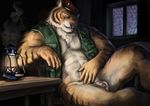  alpha0 anthro balls beret biceps big_balls body_markings bottomless clothed clothing feline flaccid fur half-dressed hat jacket male mammal markings military muscles nude open_shirt pecs penis pose reclining shirt sitting sleeping solo stripes tiger uncut 