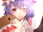  bad_id bad_pixiv_id bat_wings blush closed_mouth doll doll_hug domo-kun face flower hat highres lips nippon_housou_kyoukai one_eye_closed pink_eyes purple_hair red_eyes remilia_scarlet revision short_hair smile solo tears touhou wings yamane_akira 