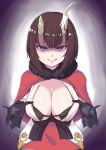  +_+ 1girl :q bangs black_bow black_bra black_gloves bow bra breasts broken_horn brown_hair capelet center_opening cleavage elbow_gloves eyebrows_visible_through_hair fur-trimmed_capelet fur_trim gauntlets gloves guma_(gumaguma228) highres horns kuraishi_eriko large_breasts looking_at_viewer naughty_face paizuri_invitation princess_connect! princess_connect!_re:dive purple_eyes red_capelet red_skirt sash shaded_face short_hair skirt smile solo tongue tongue_out underwear 