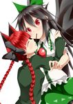  ^_^ black_hair bow braid closed_eyes food hair_bow kaenbyou_rin multiple_girls pocky pocky_kiss red_eyes red_hair reiuji_utsuho sakura_yuuya shared_food simple_background touhou twin_braids twintails white_background wings yuri 