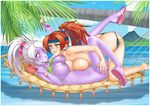  big_breasts bikini breasts clothed clothing dark_elf ear_piercing ecchimuffin elf erect_nipples eye_contact female green_eyes hair huge_breasts human imminent_sex island long_hair mammal nipples outside piercing red_hair skimpy smile swimsuit tight_clothing topless white_hair 