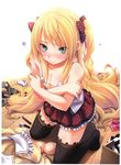  1girl absurdres black_legwear blonde_hair blue_eyes blush bow bow_panties highres long_hair looking_at_viewer micro_bikini_top miyama-zero panties panties_removed scan skirt solo thighhighs twintails underwear undressing very_long_hair 