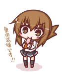  1girl :t bangs black_legwear black_sailor_collar black_skirt blush_stickers brown_eyes brown_hair chibi closed_mouth commentary_request eating eyebrows_visible_through_hair folded_ponytail food full_body hair_between_eyes holding holding_food inazuma_(kantai_collection) kantai_collection kneehighs komakoma_(magicaltale) long_sleeves pleated_skirt sailor_collar school_uniform serafuku shadow shirt skirt solo standing translation_request white_background white_shirt 