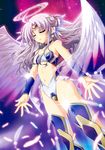  :o absurdres angel_wings arm_guards armor bodysuit closed_eyes copyright_request feathers floating glowing greaves grey_hair hair_bun halo headgear higa_yukari highres leotard midriff navel open_mouth revealing_clothes solo stomach white_wings wings 