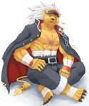  abs bad_id bad_pixiv_id banchou banchouleomon bandages beardcat belt blue_eyes buckle chain claws digimon digimon_savers fangs furry gakuran hat lion male_focus muscle no_humans pants scar school_uniform silver_hair sitting solo straw_(stalk) tail 