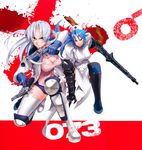  2girls absurdres blue_hair female gun highres hitsugi_sayo kiba_mikoto long_hair multiple_girls nurse official_art purple_eyes satou_shouji triage_x weapon weapons white_hair yellow_eyes 