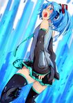  aqua_eyes aqua_hair bare_shoulders cosplay detached_sleeves digital_dissolve ene_(kagerou_project) fu-ta hatsune_miku hatsune_miku_(cosplay) headphones kagerou_project long_hair necktie open_mouth skirt solo thighhighs twintails vocaloid 