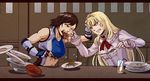  battle blonde_hair blue_eyes border brown_eyes brown_hair cheek_pinching chopsticks duel eating elbow_gloves emphasis_lines fingerless_gloves flauschtraut food food_clash fork gloves kazama_asuka lili_(tekken) meat multiple_girls noodles pinching short_hair sports_bra tears tekken wince 