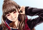  arm_up brown_hair earphones grin hood hoodie idolmaster idolmaster_cinderella_girls kamiya_nao long_hair looking_at_viewer red_eyes shiba_itsuki smile solo 