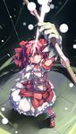  blush bow bow_(weapon) bubble_skirt dress foreshortening gloves hair_ribbon highres huanxiang_huifeng kaname_madoka magical_girl mahou_shoujo_madoka_magica pink_eyes pink_hair ribbon short_hair short_twintails skirt solo soul_gem tears twintails weapon 