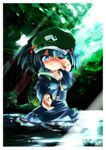  backpack bag beckoning belt blue_eyes blue_hair blush hair_bobbles hair_ornament hat highres kawashiro_nitori key kotojima_motoki light_rays nature revision short_hair smile solo standing sunbeam sunlight tears touhou two_side_up wading water wiping_tears 