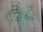  2girls a10_nerve_clips ayanami_rei hand_on_hip highres monochrome multiple_girls neon_genesis_evangelion plugsuit scowl soryu_asuka_langley 