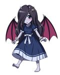  barefoot black_hair blue_eyes butterfly_hair_ornament demon_girl demon_wings dress duel_monster fabled_krus hair_ornament horns monster_girl pataniito purple_skin solo wings yuu-gi-ou 