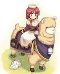  acolyte alpaca bell blue_eyes bunny capelet character_request hat long_skirt lunatic_(ragnarok_online) ragnarok_online red_hair riding short_hair sidesaddle skirt solo wool xration 