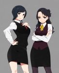  agemono black_eyes black_hair copyright_request crossed_arms frown hand_on_hip hand_on_own_chest lips long_hair mole multiple_girls necktie office_lady pantyhose pencil_skirt short_hair skirt vest 