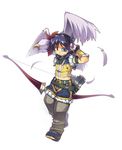  arrow bird blue_hair bow_(weapon) eagle fingerless_gloves gloves male_focus midriff pants pants_under_shorts quiver ragnarok_online scarf scouter shorts sniper_(ragnarok_online) solo weapon xration 