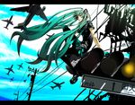  absurdres aircraft airplane green_eyes green_hair hatsune_miku highres koi_wa_sensou_(vocaloid) letterboxed long_hair pantyhose power_lines revision sitting smile solo traffic_light twintails velzhe very_long_hair vocaloid 