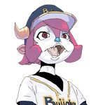  baseball_cap blue_nose bovine buffalo buffalo_bell clothing creepy female hair hat horn mammal mascot open_mouth pink_hair plain_background red_eyes solo teeth tongue transparent_background unknown_artist 