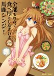  apron bad_id bad_pixiv_id blue_eyes blush bowl breasts carnelian chopstick_rest chopsticks cleavage food hair_ornament light_brown_hair long_hair looking_at_viewer lying medium_breasts naked_apron neon_genesis_evangelion on_table pink_apron plate rebuild_of_evangelion revision rice salad shikinami_asuka_langley solo soup souryuu_asuka_langley table translated v_arms 