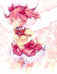  alternate_costume bad_id bad_pixiv_id blush bow closed_eyes dress gloves hair_bow henshin highres kaname_madoka kneehighs magical_girl mahou_shoujo_madoka_magica marotti pink_hair revision school_uniform smile solo sparkle twintails white_gloves wings 