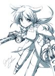  &gt;:) animal_ears character_name dog_ears drum_magazine dual_drum_magazine dual_wielding gertrud_barkhorn gun holding long_hair looking_at_viewer machine_gun mg42 military military_uniform monochrome paprika_(artist) ribbon sketch smile solo strike_witches striker_unit tail twintails uniform v-shaped_eyebrows weapon world_witches_series 