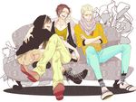  alternate_costume black_hair blonde_hair boots brother brothers couch hood hoodie lowres male male_focus monkey_d_luffy multiple_boys one_piece patterned_legwear patterned_upholstery portgas_d_ace roco64 sabo_(one_piece) scarf shueisha siblings sitting socks striped striped_legwear time_paradox trio waistcoat 