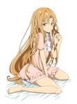 asuna_(sao) bare_legs barefoot bow brown_eyes brown_hair full_body hair_tie highres holding long_hair looking_at_viewer rumia_(compacthuman) short_sleeves simple_background sitting sleepwear solo sword_art_online very_long_hair wariza white_background white_bow 