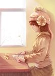  absurdres beanie brown_hair hat highres hmniao holding leaf left-handed long_hair original pencil red_eyes sitting solo window 