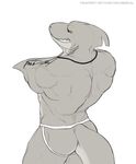  anthro arms_folded back back_turned biceps big_muscles butt claws crossed_arms eyebrow_piercing facial_piercing fish great_white_shark grey_body grin jockstrap looking_at_viewer looking_back male marine markshark muscles necklace pecs piercing plain_background shark solo spelunker_sal standing teeth thong topless underwear white_background 