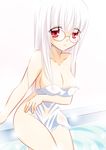  areolae blush breast_hold breasts covered_nipples covering glasses heidimarie_w_schnaufer highres isa_(ni-iro) large_breasts long_hair nude nude_cover red_eyes solo strike_witches towel water white_hair world_witches_series 