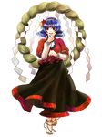 anklet bell blue_hair feet full_body highres jewelry red_eyes revision rope sandals short_hair socha solo touhou transparent_background yasaka_kanako 