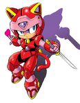  animal_helmet armor bell bell_collar blue_eyes cat_ears cat_tail collar fighting_stance heart helmet highres kyatto_ninden_teyandee makino-tttoy mecha_musume no_humans pururun reverse_grip sheath short_sword shuriken solo sword tail weapon 