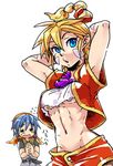  1girl armpits arms_behind_head arms_up bandana blonde_hair blue_eyes blue_hair breasts chrono_cross facial_mark gloves high_ponytail jewelry kid_(chrono_cross) long_hair medium_breasts midriff mihoka multi-tied_hair navel necklace ponytail serge underboob vest 
