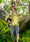  3boys black_hair brother brothers bush carry carrying east_blue family forest freckles hat jungle light_rays male male_focus mojisan monkey_d_luffy multiple_boys nature net one_piece outdoors pants pixiv_thumbnail plant plants portgas_d_ace red_hair resized scar shanks shoulder_perch shueisha siblings straw_hat striped striped_pants tongue tree 