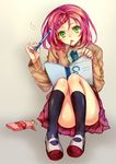  bad_id bad_pixiv_id book braid convenient_leg desk food french_braid green_eyes highres madogawa mouth_hold necktie open_book original pencil pink_hair pinky_out plaid plaid_neckwear pocky reading school_desk shoes short_hair sitting skirt solo strawberry_pocky uwabaki 