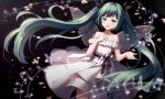  1girl :d aqua_hair bangs bare_shoulders black_background black_ribbon blue_eyes blush collarbone dress floating_hair frilled_dress frills hair_ribbon hand_on_own_chest hand_up hatsune_miku highres long_hair looking_at_viewer musical_note negative_space off-shoulder_dress off_shoulder open_mouth petals ribbon sidelocks smile solo twintails very_long_hair vocaloid white_dress yang423 