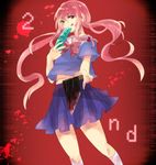  1girl artist_request axe blood cellphone gasai_yuno long_hair mirai_nikki phone pink_eyes pink_hair solo tongue tongue_out twintails weapon 
