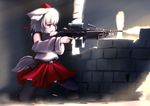  animal_ears bad_anatomy belt black_legwear brick_wall brown_eyes bullet detached_sleeves firing gun hat holding inubashiri_momiji m249 machine_gun md5_mismatch short_hair skirt solo tail thighhighs tokin_hat touhou tsubasa_(abchipika) weapon white_hair wolf_ears wolf_tail 