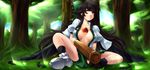  arm_cannon black_hair black_wings blush breasts feathers highres long_hair medium_breasts mismatched_footwear navel open_clothes open_mouth open_shirt reiuji_utsuho shiromiza_kana shirt sitting skirt sleeping solo spread_legs third_eye touhou tree weapon wings 