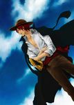  1boy blue_sky cloud clouds crossed_arms hat jacket_on_shoulders male male_focus one_piece open_collar outdoors pirate red_hair saber_(weapon) sash scar shanks sheathed_sword shirt sky smile solo standing straw_hat sword weapon white_shirt 